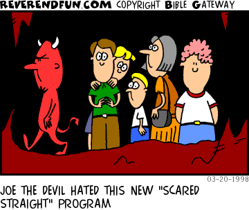 DESCRIPTION: Devil leading a 'scared straight' group through hell CAPTION: JOE THE DEVIL HATED THIS NEW "SCARED STRAIGHT" PROGRAM