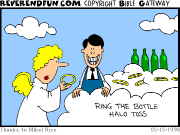 DESCRIPTION: Angel playing 'Ring the Bottle Halo Toss' CAPTION: 