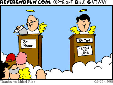 DESCRIPTION: Discount '12 Sins or Less' line at Heaven's Pearly Gates CAPTION: 