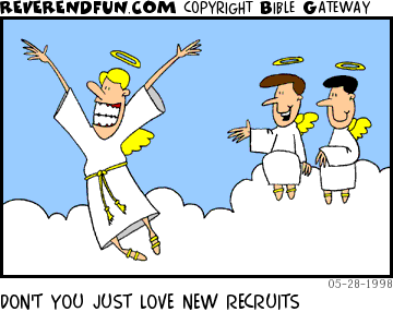 DESCRIPTION: Two angels in Heaven watching new recruit fly excitedly into the air CAPTION: DON'T YOU JUST LOVE NEW RECRUITS