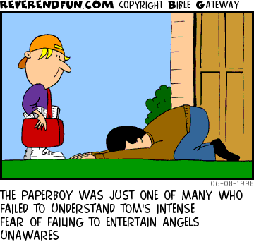 DESCRIPTION: Tom is laid prone before the confused paperboy CAPTION: THE PAPERBOY WAS JUST ONE OF MANY WHO FAILED TO UNDERSTAND TOM'S INTENSE FEAR OF FAILING TO ENTERTAIN ANGELS UNAWARES