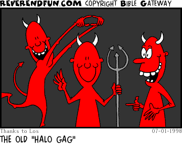 DESCRIPTION: Devil making a halo shape above another devil's head in a photo CAPTION: THE OLD "HALO GAG"
