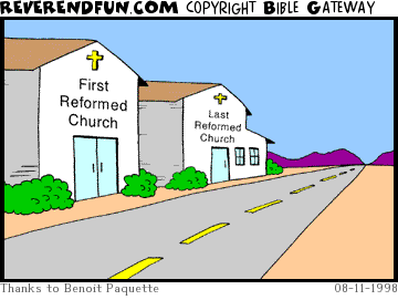 DESCRIPTION: Two churches on a long open highway, one is &quot;First Reformed&quot;, other is &quot;Second Reformed&quot; CAPTION: 