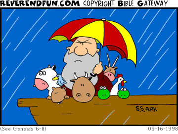 DESCRIPTION: Noah and some animals all huddled under an umbrella on the ark CAPTION: 