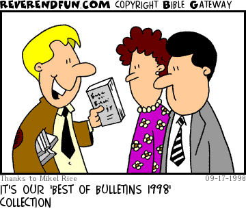 DESCRIPTION: Churchgoer handing out small books CAPTION: IT'S OUR 'BEST OF BULLETINS 1998' COLLECTION