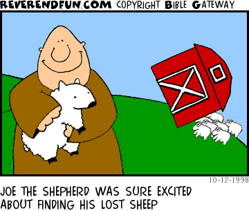 DESCRIPTION: Joe is all excited about finding his sheep, while a barn is falling on his others CAPTION: JOE THE SHEPHERD WAS SURE EXCITED ABOUT FINDING HIS LOST SHEEP
