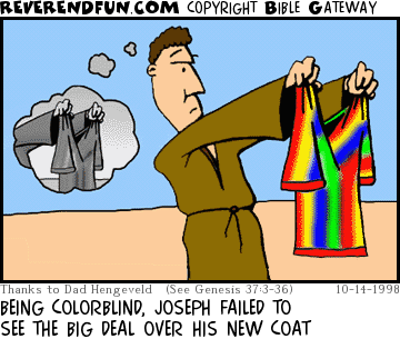 DESCRIPTION: Colorblind Joseph is seeing his colorful new coat in black and white CAPTION: BEING COLORBLIND, JOSEPH FAILED TO SEE THE BIG DEAL OVER HIS NEW COAT