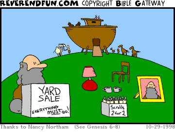 DESCRIPTION: Noah is having a yard sale while the ark is being loaded in the background CAPTION: 