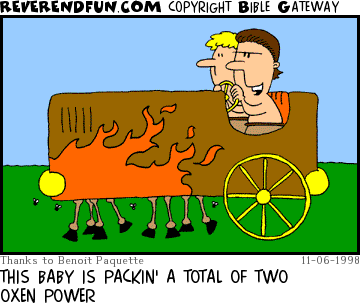 DESCRIPTION: Two guys riding in a race-chariot CAPTION: THIS BABY IS PACKIN' A TOTAL OF TWO OXEN POWER