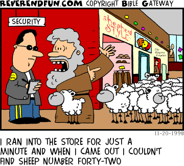 DESCRIPTION: Shepherd in mall explaining problem to security guard CAPTION: I RAN INTO THE STORE FOR JUST A MINUTE AND WHEN I CAME OUT I COULDN'T FIND SHEEP NUMBER FORTY-TWO