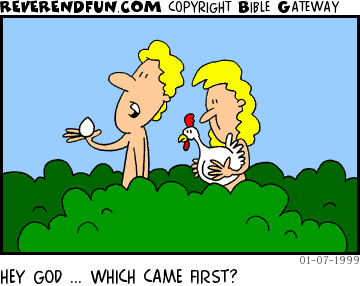 DESCRIPTION: Adam and Eve in the garden wondering which came first, the chicken or the egg CAPTION: HEY GOD ... WHICH CAME FIRST?