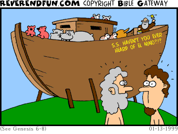 DESCRIPTION: Noah painting 'S.S. Haven't you ever heard of El Nino?' on the side of the ark CAPTION: 