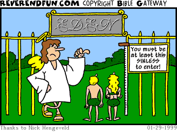 DESCRIPTION: Adam and Eve at gates to Eden and a sign that says 'you must be at least this sinless to enter' CAPTION: 