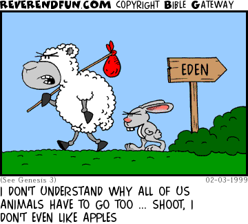 DESCRIPTION: A sheep and a rabbit on their way out from the garden CAPTION: I DON'T UNDERSTAND WHY ALL OF US ANIMALS HAVE TO GO TOO ... SHOOT, I DON'T EVEN LIKE APPLES