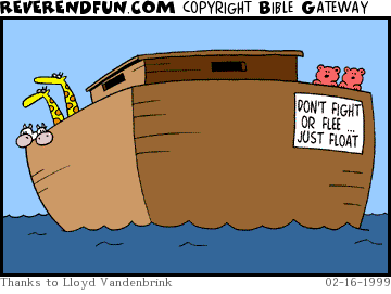 DESCRIPTION: The ark has a bumper sticker that says &quot;don't fight or flee ... float&quot; CAPTION: 