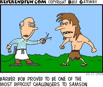 DESCRIPTION: Samson engaging in battle with a knife and brush carrying barber CAPTION: BARBER BOB PROVED TO BE ONE OF THE MOST DIFFICULT CHALLENGERS TO SAMSON