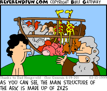 DESCRIPTION: Noah describing ark.  Ark stuffed with animals in the background CAPTION: AS YOU CAN SEE, THE MAIN STRUCTURE OF THE ARK IS MADE UP OF 2X2S