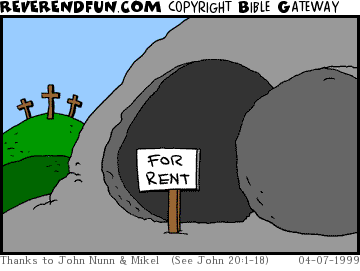 DESCRIPTION: Door to Jesus' empty tomb and sign out front that says 'For Rent' CAPTION: 