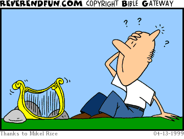DESCRIPTION: Guy on the ground with a bump on his head and a harp laying nearby CAPTION: 