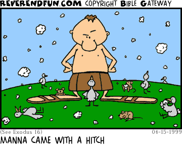 DESCRIPTION: Manna falling around man, birds and mice running about CAPTION: MANNA CAME WITH A HITCH