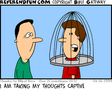 DESCRIPTION: A man has a cage on his head CAPTION: I AM TAKING MY THOUGHTS CAPTIVE