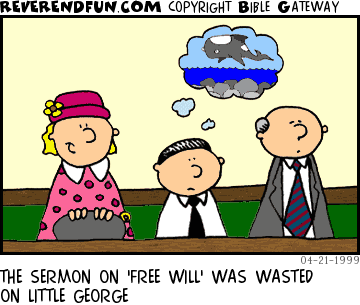 DESCRIPTION: Boy with parents is thinking about the movie 'Free Willy' CAPTION: THE SERMON ON 'FREE WILL' WAS WASTED ON LITTLE GEORGE