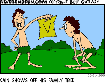 DESCRIPTION: Cain is showing off his family tree (which is shaped like a &quot;V&quot;) CAPTION: CAIN SHOWS OFF HIS FAMILY TREE