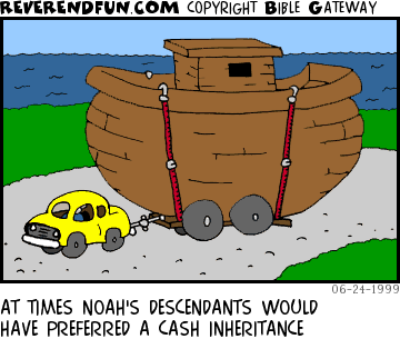 DESCRIPTION: Car pulling the ark on a trailer CAPTION: AT TIMES NOAH'S DESCENDANTS WOULD HAVE PREFERRED A CASH INHERITANCE