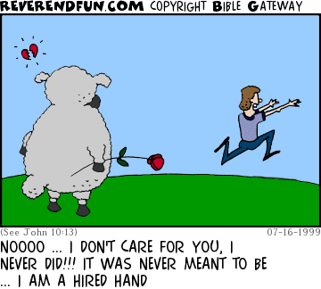 DESCRIPTION: Guy running away from a sheep, sheep holding rose CAPTION: NOOOO ... I DON'T CARE FOR YOU, I NEVER DID!!! IT WAS NEVER MEANT TO BE ... I AM A HIRED HAND