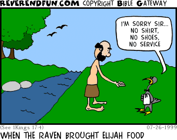 DESCRIPTION: Raven in waiter's outfit looking at Elijah CAPTION: WHEN THE RAVEN BROUGHT ELIJAH FOOD