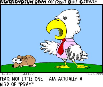 DESCRIPTION: A bird with a Bible talking to a small rodent CAPTION: FEAR NOT LITTLE ONE, I AM ACTUALLY A BIRD OF "PRAY"