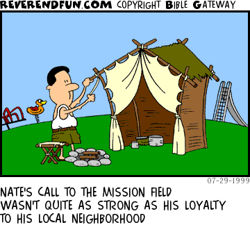 DESCRIPTION: Missionary setting up camp in a neighborhood park. CAPTION: NATE'S CALL TO THE MISSION FIELD WASN'T QUITE AS STRONG AS HIS LOYALTY TO HIS LOCAL NEIGHBORHOOD