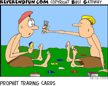 DESCRIPTION: Two fellows trading cards CAPTION: PROPHET TRADING CARDS