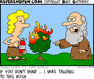 DESCRIPTION: Moses talking to man carrying fire-extinguisher, burning bush in the middle CAPTION: IF YOU DON'T MIND ... I WAS TALKING TO THIS BUSH