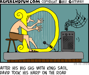 DESCRIPTION: David playing his harp on stage CAPTION: AFTER HIS BIG GIG WITH KING SAUL, DAVID TOOK HIS HARP ON THE ROAD