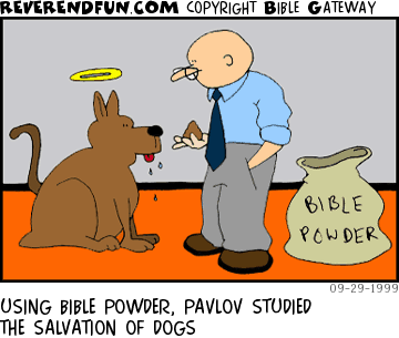 DESCRIPTION: Man holding powder in hand in front of dog's face ... 'Bible powder' bag in background CAPTION: USING BIBLE POWDER, PAVLOV STUDIED THE SALVATION OF DOGS