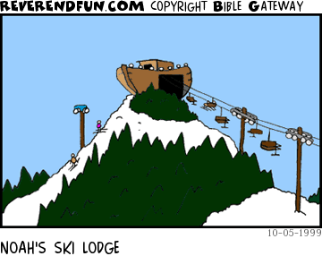 DESCRIPTION: The ark is rested on top of a mountain and is being used for a ski shop CAPTION: NOAH'S SKI LODGE