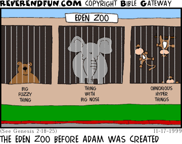 DESCRIPTION: Animals in cages at a zoo with generic names on the front CAPTION: THE EDEN ZOO BEFORE ADAM WAS CREATED