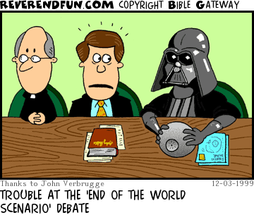 DESCRIPTION: Three men at a table, one is Darth Vader CAPTION: TROUBLE AT THE 'END OF THE WORLD SCENARIO' DEBATE