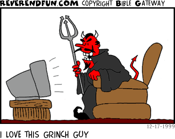 DESCRIPTION: Devil watching TV CAPTION: I LOVE THIS GRINCH GUY