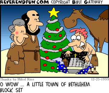 DESCRIPTION: Youngster opening a present with parents and a camel looking on CAPTION: O WOW ... A LITTLE TOWN OF BETHLEHEM BLOCK SET