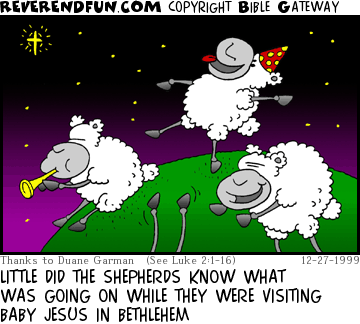DESCRIPTION: Sheep partying with star in the background CAPTION: LITTLE DID THE SHEPHERDS KNOW WHAT WAS GOING ON WHILE THEY WERE VISITING BABY JESUS IN BETHLEHEM