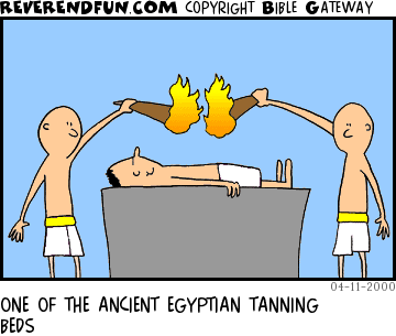 DESCRIPTION: Man lying on table, others holding two torches over him CAPTION: ONE OF THE ANCIENT EGYPTIAN TANNING BEDS