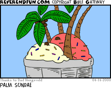 DESCRIPTION: Ice cream treat with palm trees sticking out of it CAPTION: PALM SUNDAE
