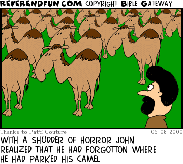 DESCRIPTION: Man looking at rows of camels CAPTION: WITH A SHUDDER OF HORROR JOHN REALIZED THAT HE HAD FORGOTTON WHERE HE HAD PARKED HIS CAMEL