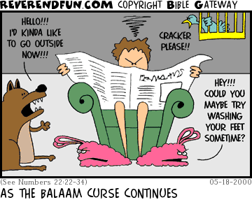 DESCRIPTION: Balaam sitting in chair, various animals chatting to him CAPTION: AS THE BALAAM CURSE CONTINUES