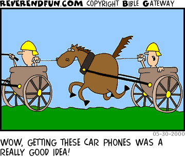 DESCRIPTION: Two men in chariot talking on 'car phones' CAPTION: WOW, GETTING THESE CAR PHONES WAS A REALLY GOOD IDEA!