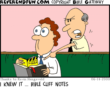 DESCRIPTION: Guy pointing over the shoulder of a guy holding a Bible with book inside of it CAPTION: I KNEW IT ... BIBLE CLIFF NOTES