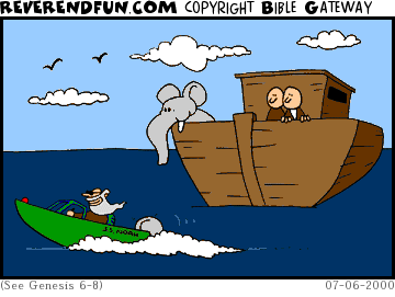 DESCRIPTION: Noah racing past the ark in a speedboat CAPTION: 