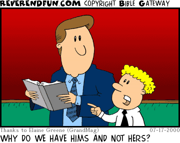 DESCRIPTION: Young boy and father standing to sing in church CAPTION: WHY DO WE HAVE HIMS AND NOT HERS?